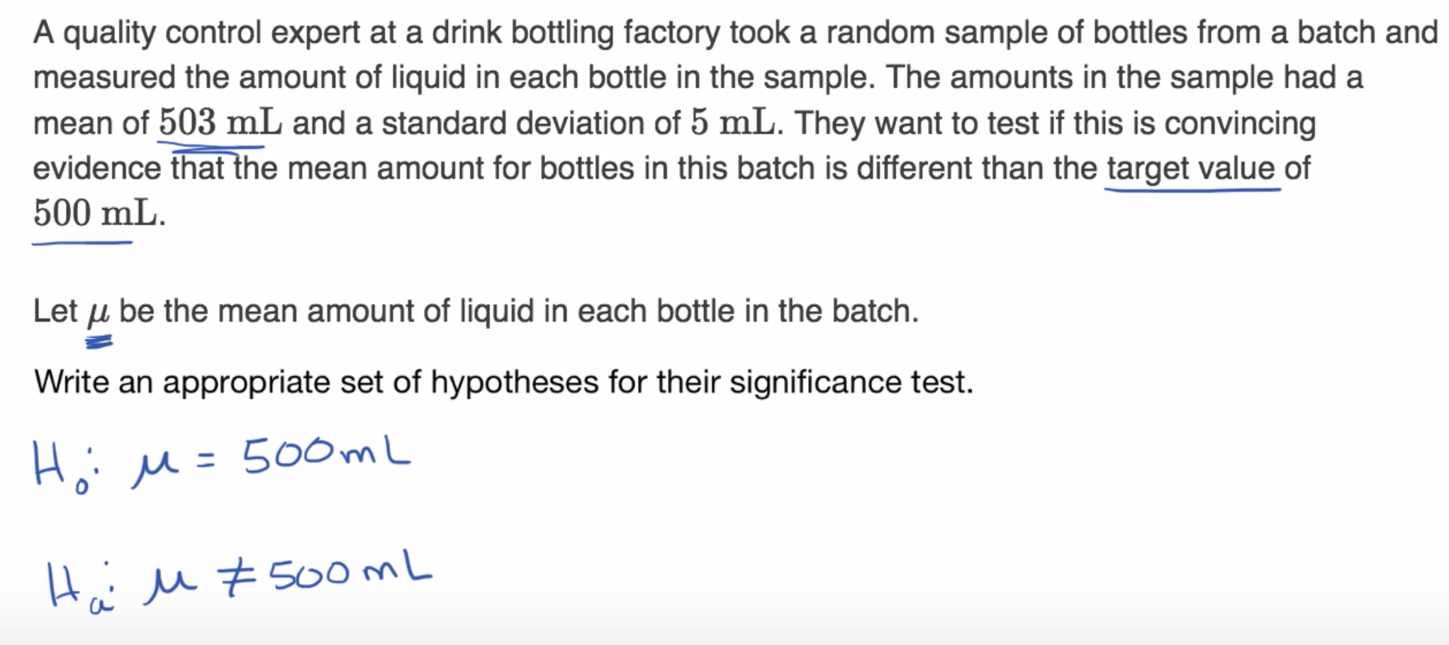 Writing hypotheses for a significance test about a mean fig 1