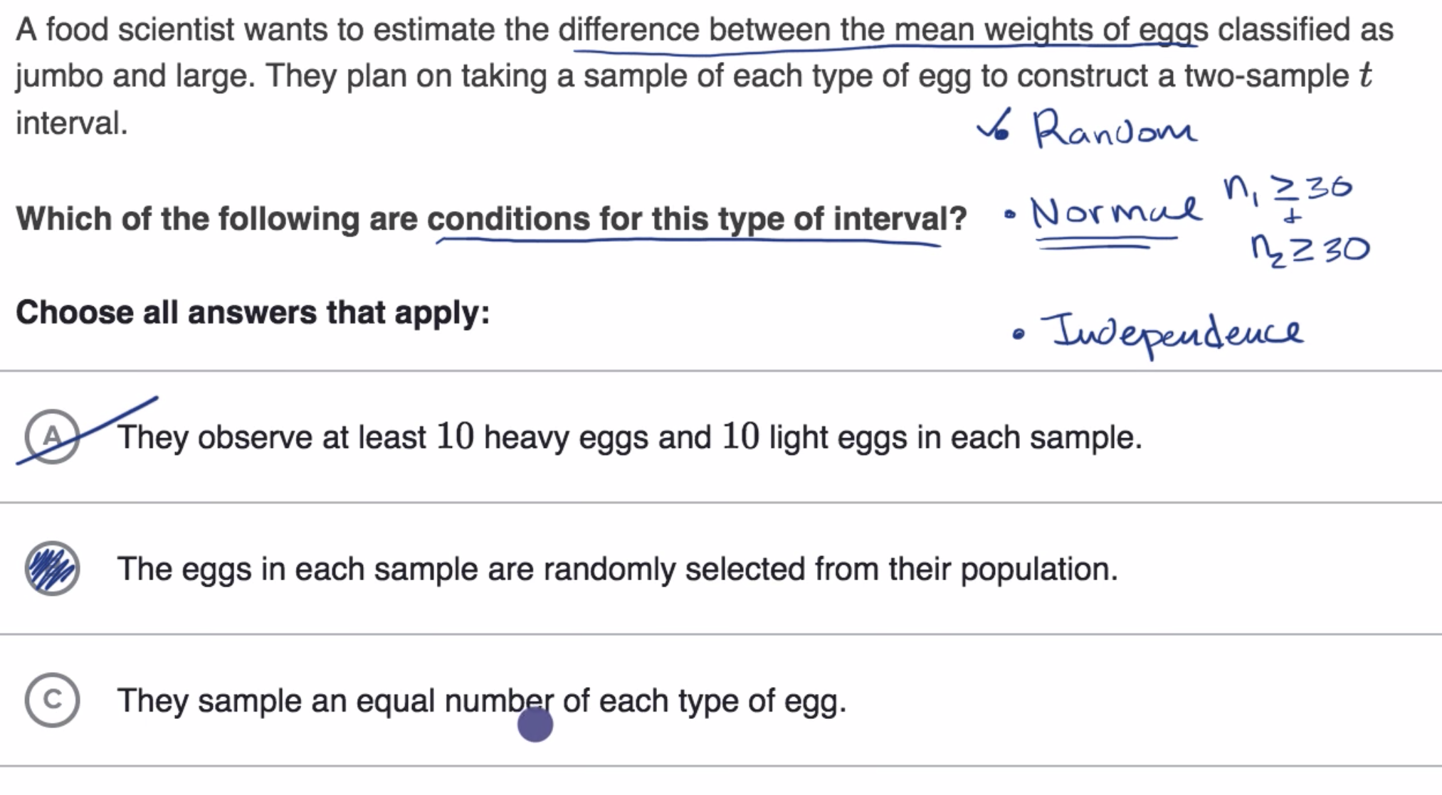 Conditions for inference for difference of means fig 1