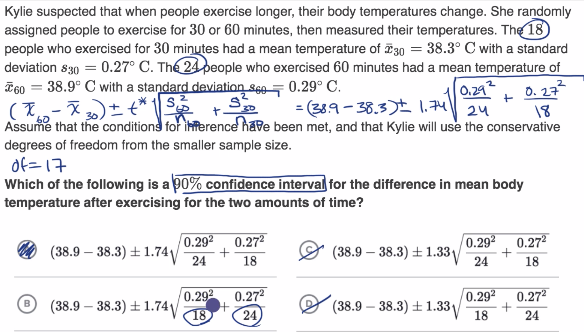 Calculating confidence interval for difference of means fig 1