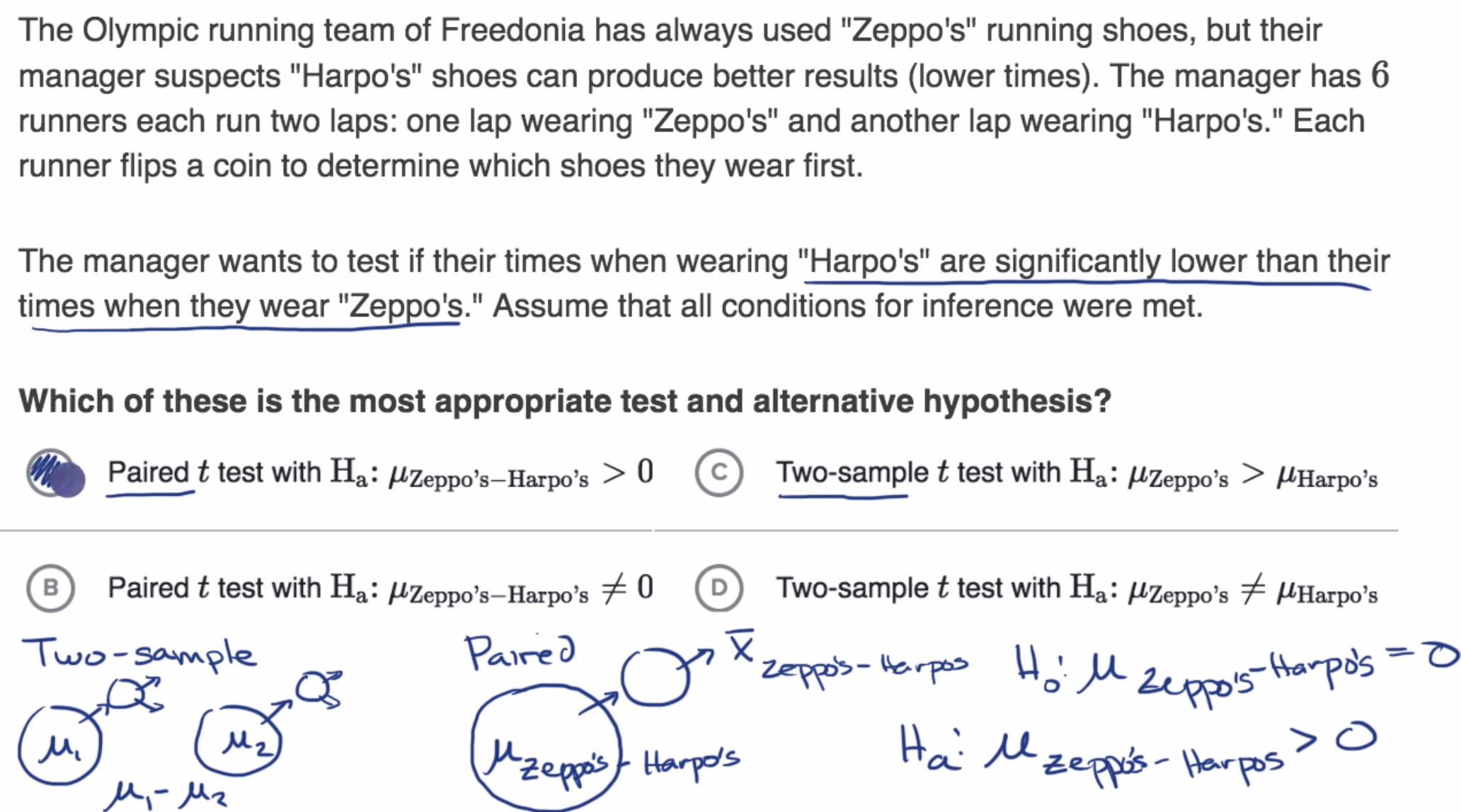 Example of hypotheses for paired and two-sample t tests fig 1